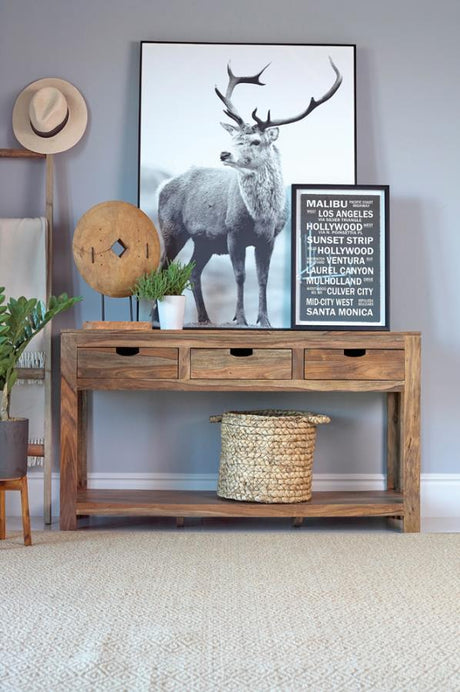 Esther 3-Drawer Wood Console Table – Natural Sheesham with Rustic Grain, Lower Shelf, Sturdy Construction, Versatile Storage for Entryway or Living Roomb