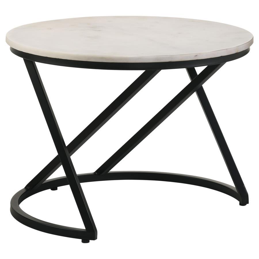 Miguel Round White Marble Top Coffee Table with Black Metal C-Shape Base, Modern Geometric Accent Cocktail Table for Living Room or Lounge