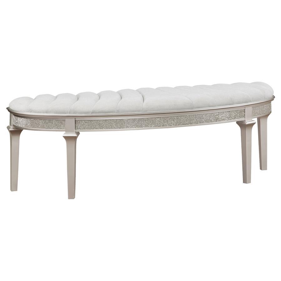 Evangeline Curved Fabric Upholstered Bench – Silver Oak Frame with Ivory Channeled Tufted Seat, Demilune Design for Bedroom or Entryway