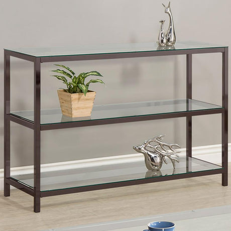 Trini 2-Shelf Glass Top Entryway Console Table - Black Nickel Frame, Tempered Glass Surfaces, Spacious Storage for Modern Spaces