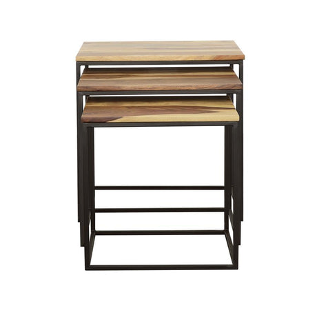 Belcourt 3-Piece Square Nesting Tables – Industrial Rustic Accent Table Set in Natural Sheesham Wood and Black Iron for Living Room or Bedroom