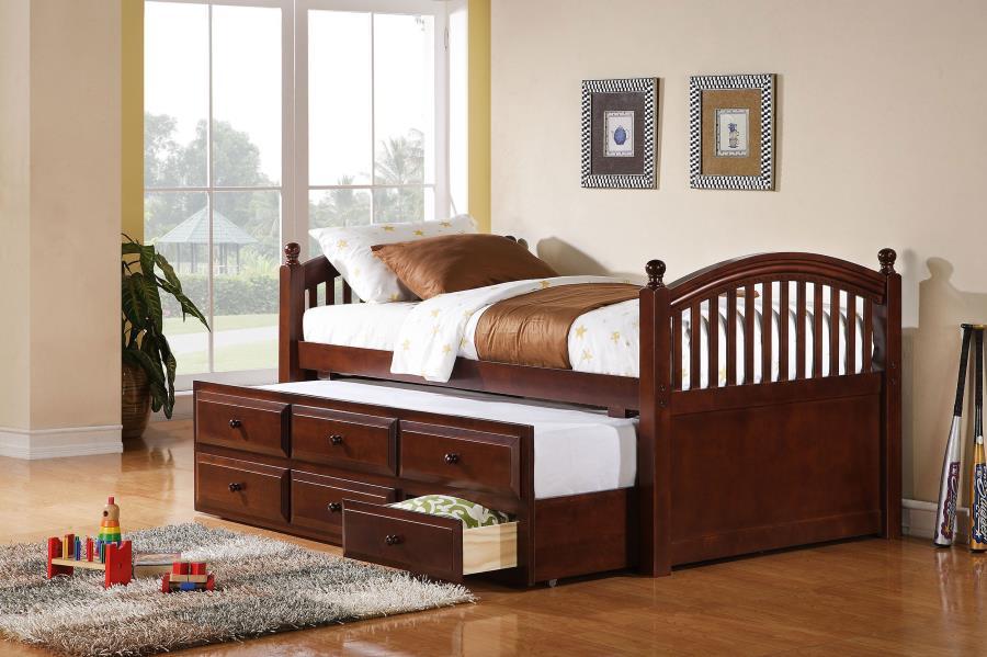 Norwood 3-Drawer Twin Bed With Captain’s Trundle in Chestnut – Multifunctional Daybed with Storage Drawers, Slatted Headboard & Footboard, Space-Saving Design