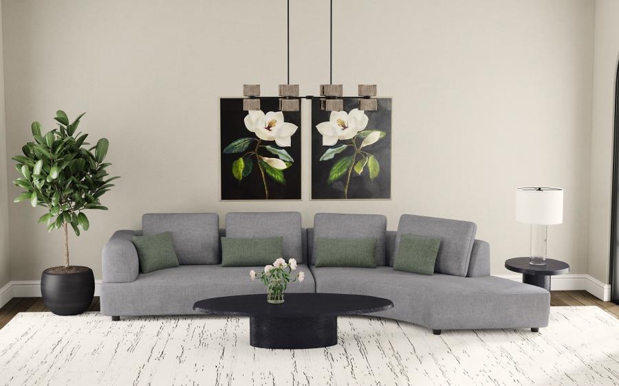 Toscano Upholstered Sectional Sofa – Modern Curved Design, Gray Fabric, Forest Green Accent Pillows, Compact Feet, Stylish Contemporary Living Room