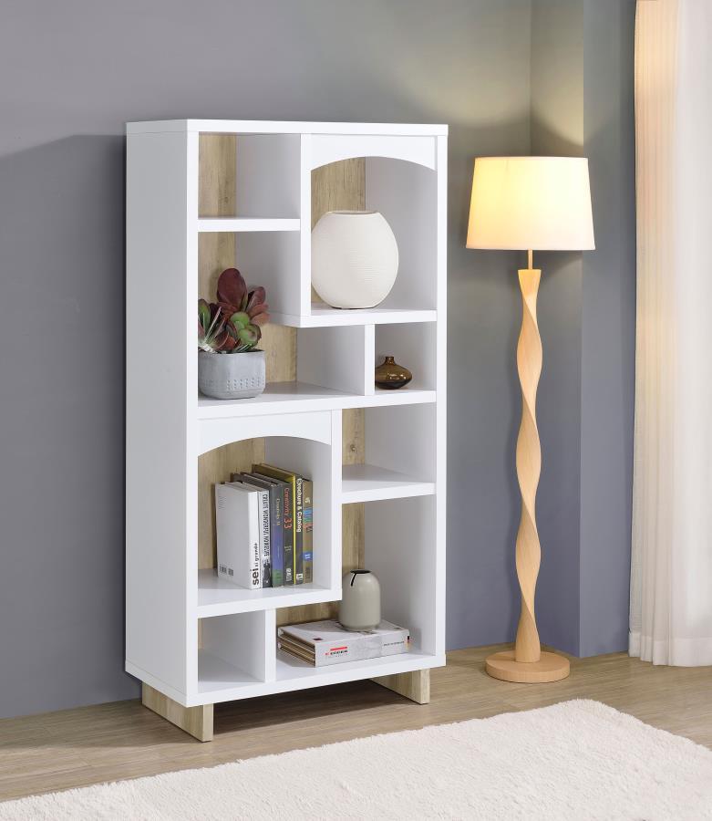 Dalton 6-Shelf Bookcase – White and Distressed Pine Asymmetric Decorative Bookshelf with Open Shelving, Arched Accents, and Stylish Storage for Home or Office