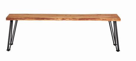Sherman Wood Dining Bench in Natural Acacia – Rustic Industrial Design with Gunmetal Hairpin Legs, Rectangular Seating for Kitchen or Dining Room