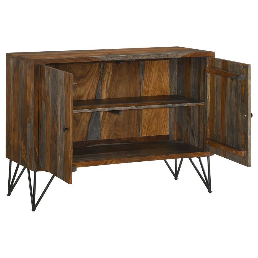 Macon 2-Door Sheesham Wood Accent Cabinet – Gray Storage Cabinet with Gunmetal Iron Legs, Rustic Industrial Style for Living Room or Entryway