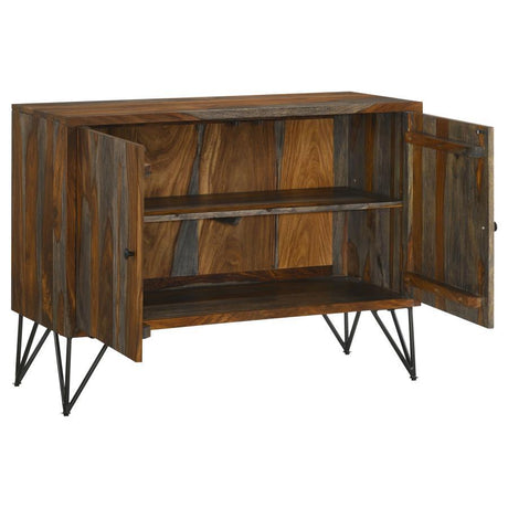 Macon 2-Door Sheesham Wood Accent Cabinet – Gray Storage Cabinet with Gunmetal Iron Legs, Rustic Industrial Style for Living Room or Entryway