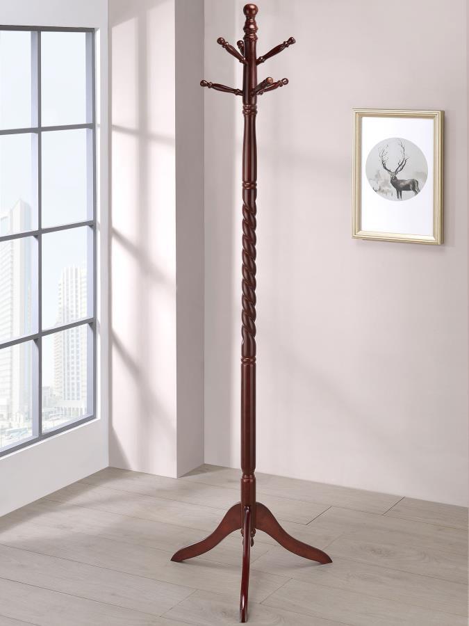 Riona 6-Hook Freestanding Wood Coat Rack, Merlot Finish Rubberwood Construction, Twisted Post Design, Two-Tier Hat and Coat Hanger, Classic Entryway Accent