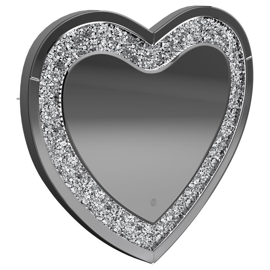 Aiko Heart Shaped LED Light Wall Mirror – Silver with Faceted Crystal Inlay, Smoky Glass Finish, Glam Accent for Bedroom, Vanity, or Dressing Area