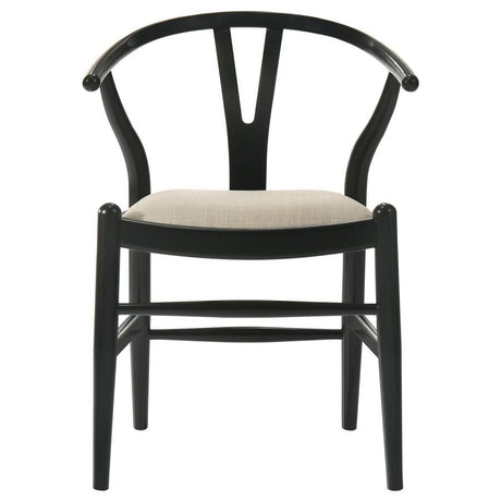 Crestmont Wood Wishbone Dining Side Chair Set of 2 – Black Finish, Sculpted Retro Design, Tapered Legs, Soft Beige Upholstered Seat for Coastal and Modern Dining