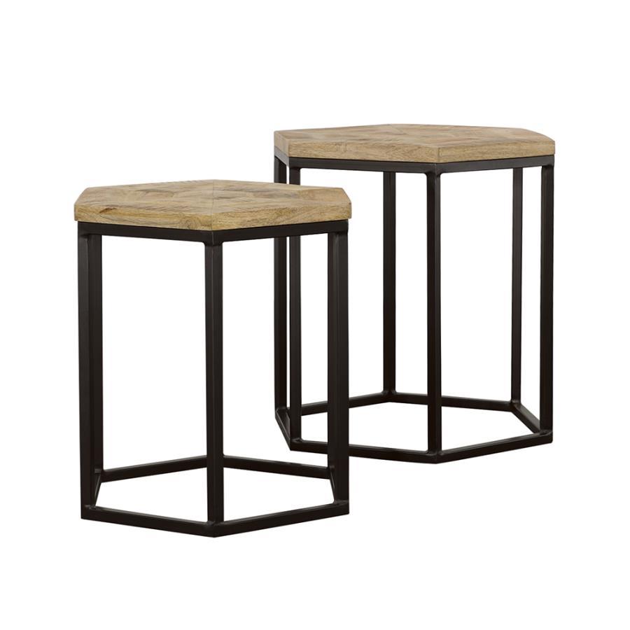 Adger 2-Piece Hexagonal Nesting Tables – Solid Mango Wood Tops, Black Metal Frames, Modern Industrial Accent Tables for Living Room or Lounge