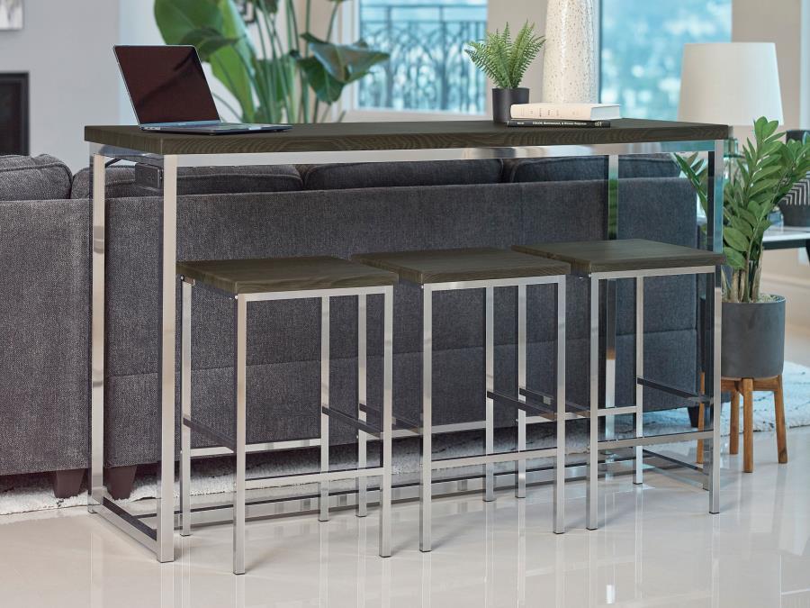 Cassidy 4 Piece Counter Height Dining Table Set – Dark Oak Finish, Rectangular Scratch-Resistant Top, Built-In Power Outlet, Chrome Frame Stools