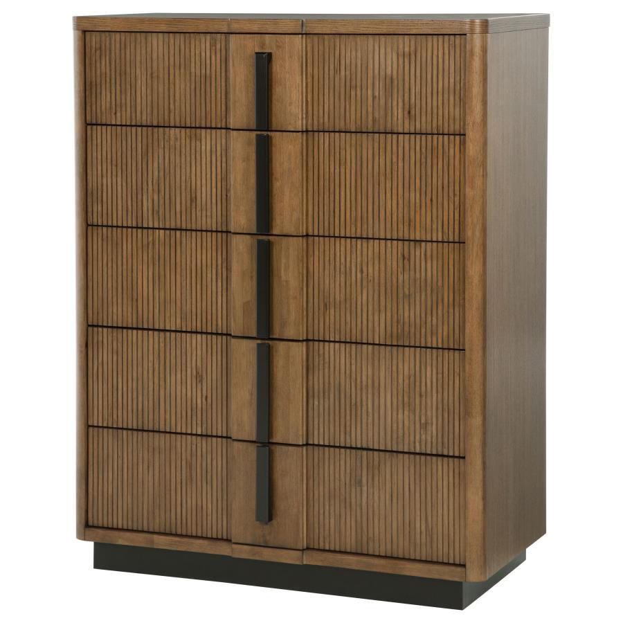 Terrace 5-Drawer Chest of Drawers – Ash Brown Finish, Vertical Fluted Fronts, Metal Glides, and Durable Dovetail Construction