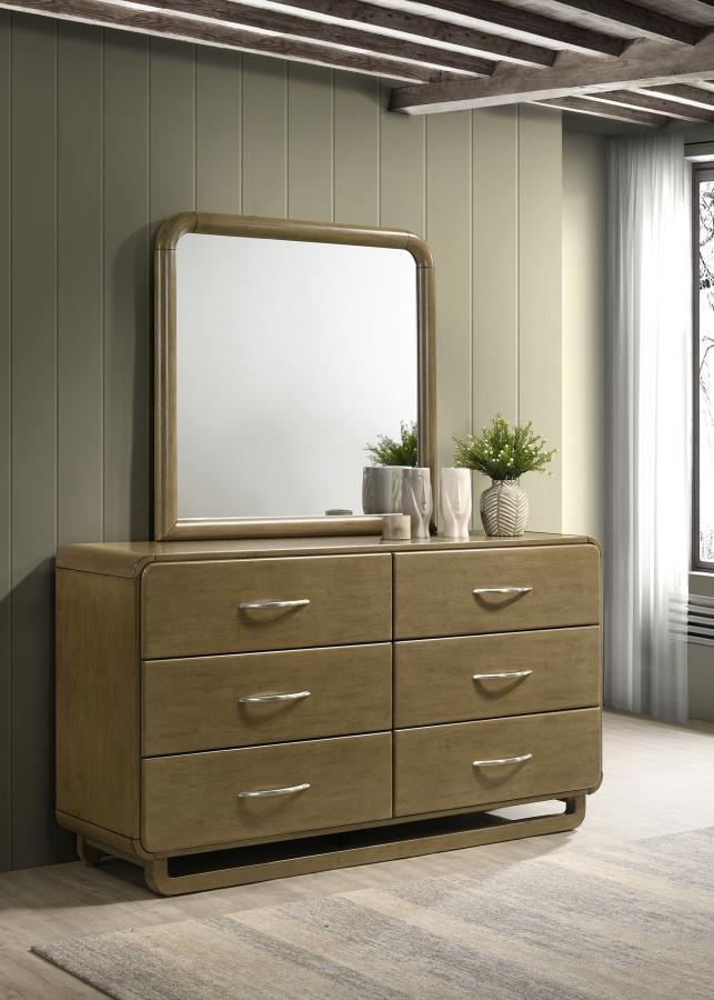 Amsbury 6-Drawer Dresser and Mirror Set in Nutmeg Finish with Rounded Corners, Matte Nickel Hardware, Smooth Metal Glides, and Hardwood Build
