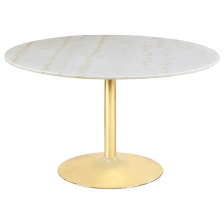 Kella 5-Piece Round Marble Dining Set – White Marble Top with Brass Base, Blue Mid-Century Modern Chairs with Gold Legs, Plush Cushions