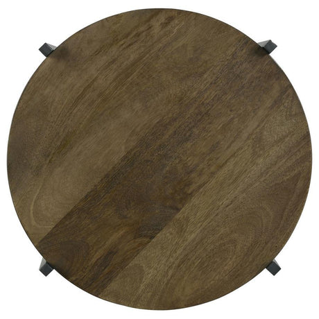 Axel Round Accent Table with Open Shelf – Natural Mango Wood Top, Gunmetal Iron Frame, Two-Tier Side Table, Nightstand or Plant Stand for Modern Interiors