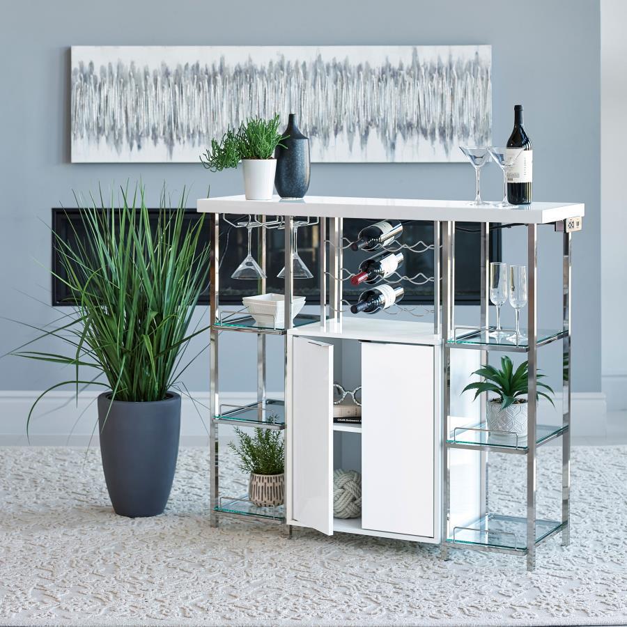 Gallimore 2-Door Bar Cabinet in White High Gloss – Contemporary Wine Storage with 12-Bottle Rack, Stemware Holder & Spacious Modern Bar Cabinet