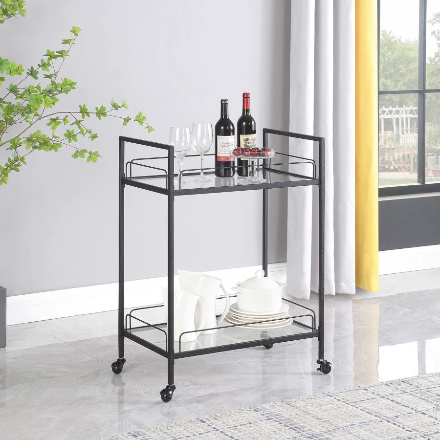 Curltis 2-Tier Rectangular Glass Shelf Metal Bar Cart – Black Hammered Powder-Coated Frame, Caster Wheels, Tempered Glass Shelves for Entertaining
