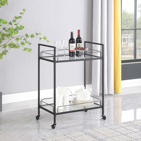 Curltis 2-Tier Rectangular Glass Shelf Metal Bar Cart – Black Hammered Powder-Coated Frame, Caster Wheels, Tempered Glass Shelves for Entertaining
