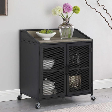Arlette 2 Door Mobile Home Bar Wine Cabinet – Sandy Black Steel Frame with Rolling Casters, Wire Panel Doors, Stemware Storage, and Industrial Charm