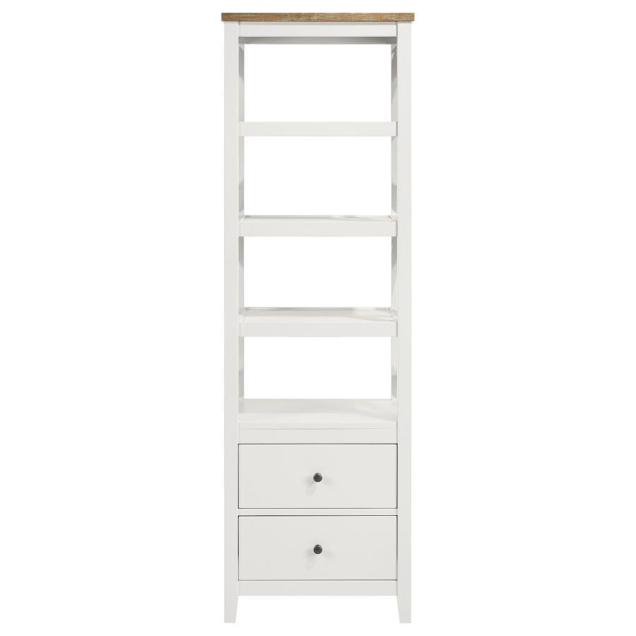 Hollis 4-Shelf Wood Media Tower with Drawers – White Frame & Brown Ash Veneer Top, Rustic Farmhouse Cottage Coastal Modern Storage Bookcase Cabinet