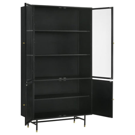 Santiago - 4 Door Metal Tall Storage Cabinet - Matte Black with Antique Brass Hardware, Tempered Glass Doors & Adjustable Shelves