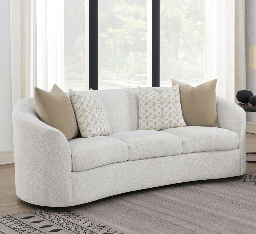 Rainn Boucle Upholstered Sloped Arm Sofa – Latte, Contemporary Curved Design, Plush Cushions, Faux Down Pillows, Comfortable Modern Living Room