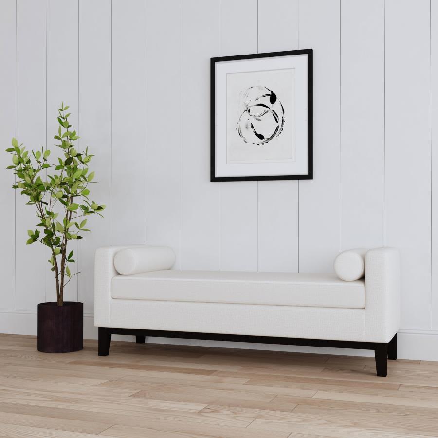 Rosie Upholstered Accent Bench with Armrests – Modern Vanilla Seating with Foam Cushion, Backless Design, Round Bolster Pillows, Black Wooden Legs