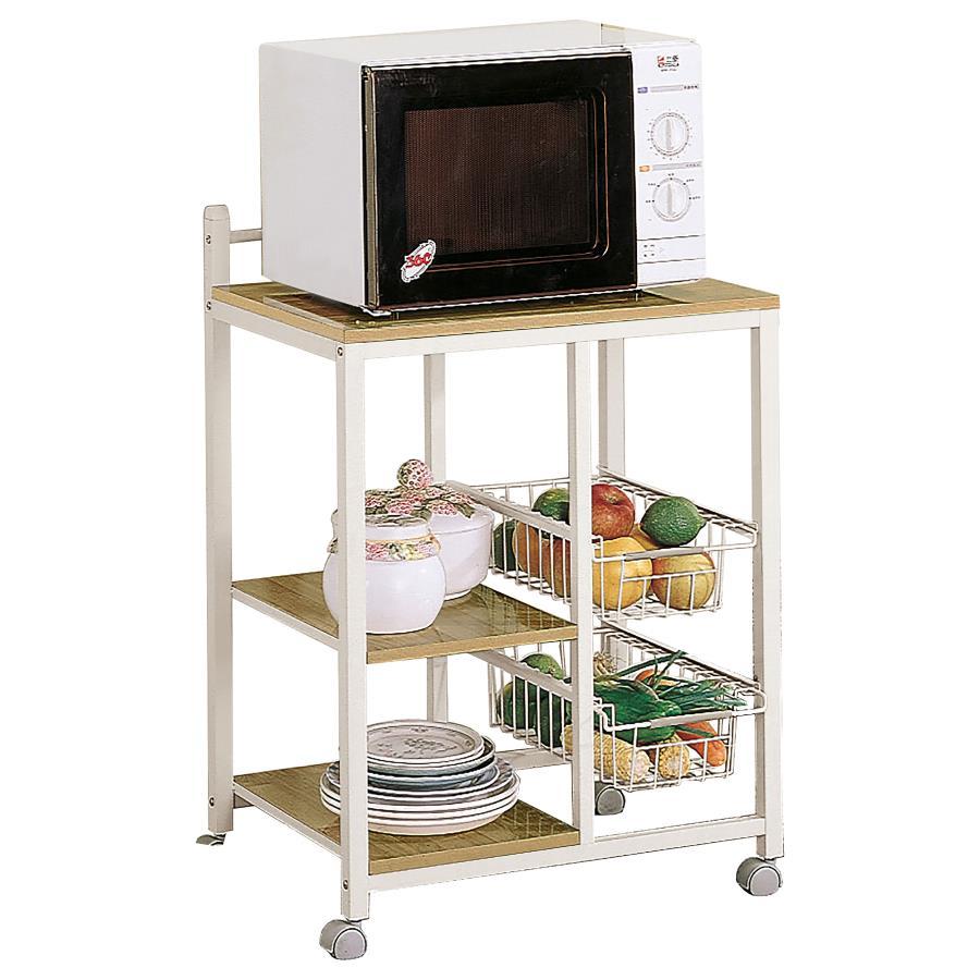 Kelvin 2-Shelf Mobile Kitchen Cart in Natural Brown & White – Rolling Storage Cart with Wire Baskets, Spacious Shelves, and Multi-Purpose Utility
