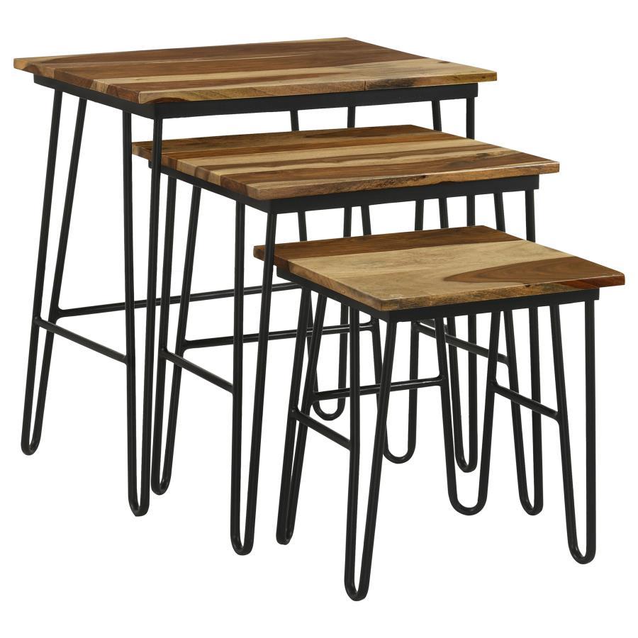 Nayeli 3-Piece Solid Sheesham Wood Nesting Tables – Natural Wood Tops with Black Iron Hairpin Legs, Rustic Industrial Accent Tables for Living Rooms