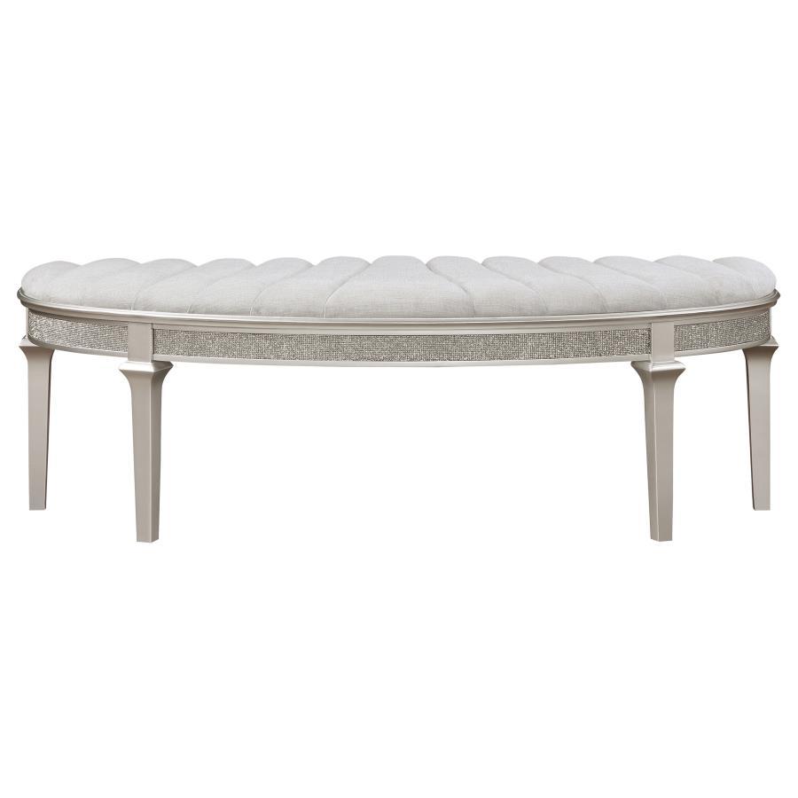 Evangeline Curved Fabric Upholstered Bench – Silver Oak Frame with Ivory Channeled Tufted Seat, Demilune Design for Bedroom or Entryway