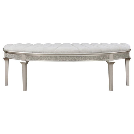 Evangeline Curved Fabric Upholstered Bench – Silver Oak Frame with Ivory Channeled Tufted Seat, Demilune Design for Bedroom or Entryway
