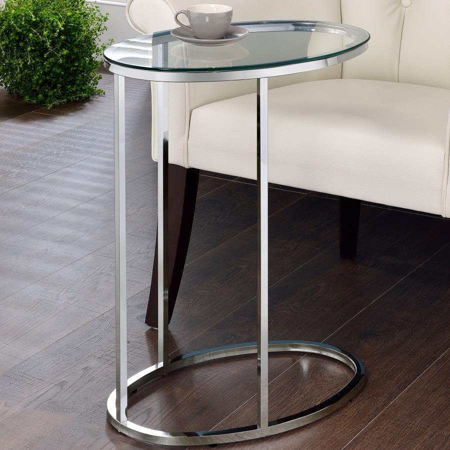 Kyle Oval Glass Top C-Shaped Sofa Side Table – Modern Chrome Accent Table, Sleek Durable Glass, Functional Sofa End Table for Living Room