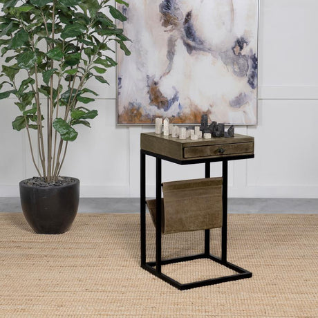 Chessie 1-Drawer Side Table with Leatherette Sling Tobacco Finish, Carved Chess Board Top, Iron Frame, Storage Drawer, Multifunctional Accent