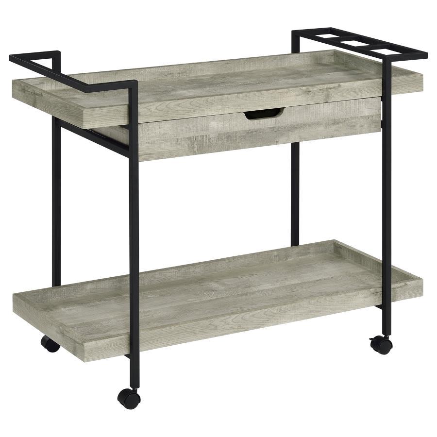 Ventura 1-Drawer Engineered Wood Bar Cart in Gray Driftwood – Mobile Modern Farmhouse Beverage Cart with Tray Top, Shelf & Smooth Casters