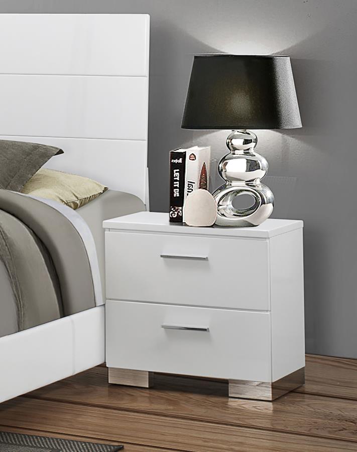 Felicity 2-Drawer Nightstand in White High Gloss – Modern Bedroom Storage with Chrome Handles, Metal Glides & Sleek Contemporary Design