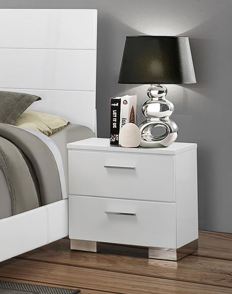 Felicity 2-Drawer Nightstand in White High Gloss – Modern Bedroom Storage with Chrome Handles, Metal Glides & Sleek Contemporary Design