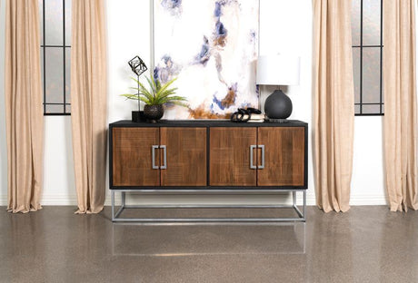 Borman 4-Door Wood Accent Cabinet – Walnut Front Panels with Black Case, Asian-Inspired Design, Iron Frame, Storage Cabinet for Dining Room & Living Room