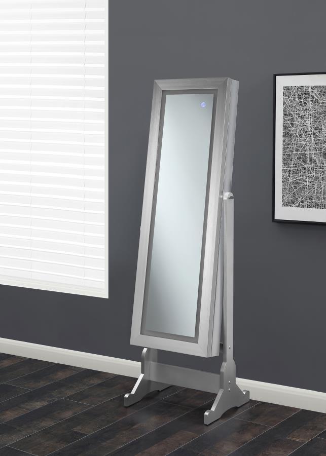 Moore Cheval Mirror with Jewelry Storage – Floor-Length Silver Standing Mirror with LED Lighting, Adjustable Swivel, and Hidden Jewelry Organizer for Bedroom