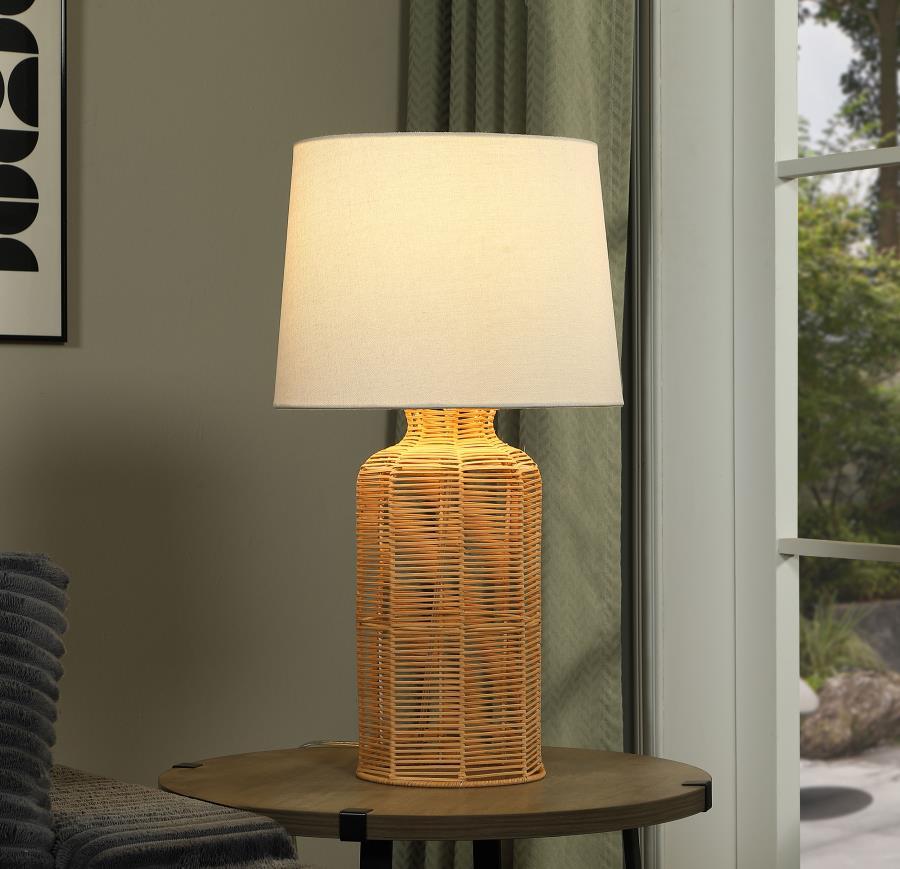 Nairobi Empire Shade Handwoven Rattan Table Lamp – Natural Cylindrical Base, Neutral Fabric Shade, Metal Frame, Cozy Ambient Lighting for Home