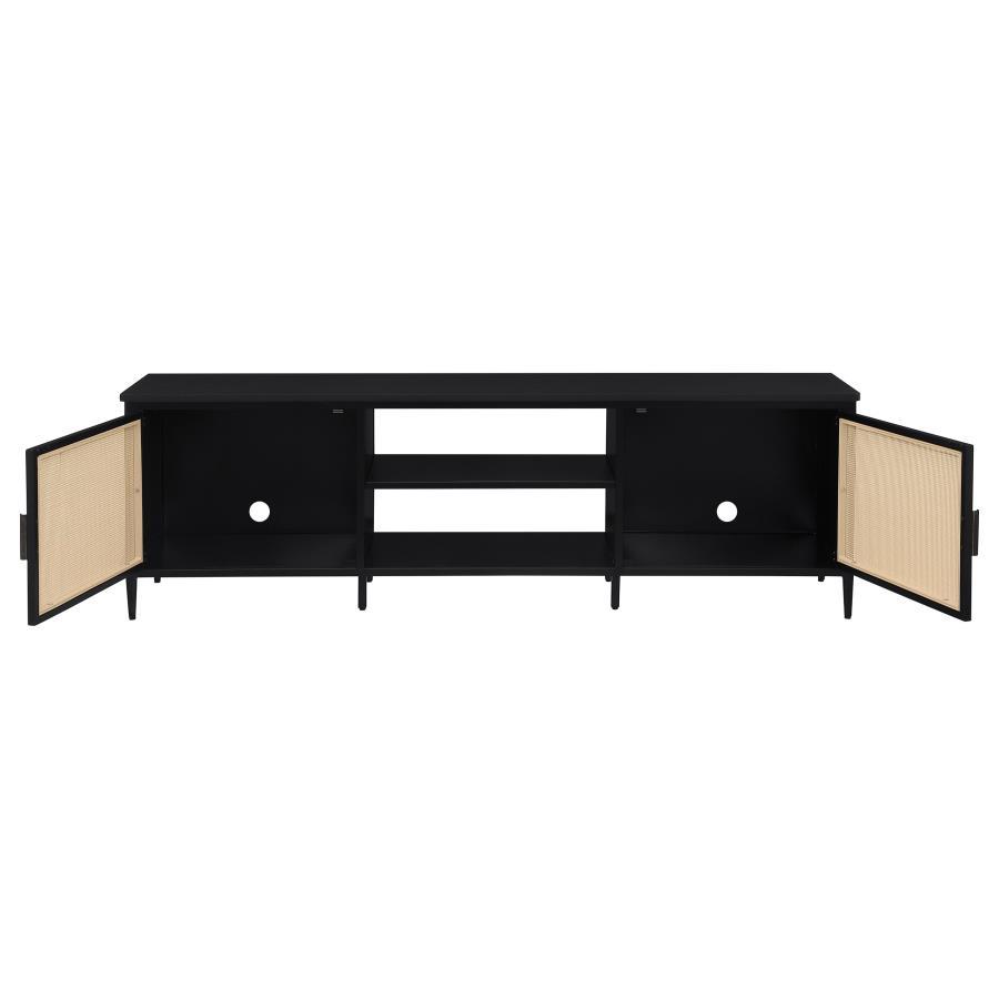 Amherst 70" 2-Door Metal TV Stand Media Console - Black | Modern Design with Rattan Front Doors, Open Shelving for Electronics & Cable Management
