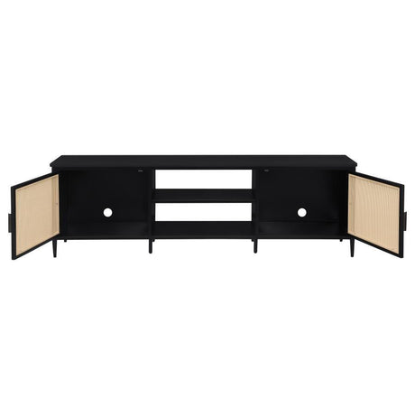 Amherst 70" 2-Door Metal TV Stand Media Console - Black | Modern Design with Rattan Front Doors, Open Shelving for Electronics & Cable Management