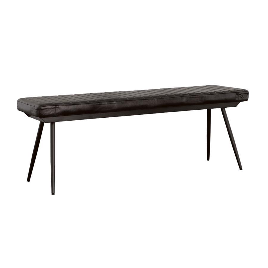 Misty Leather Upholstered Dining Bench – Hand-Dyed Goat Leather, Industrial Metal Base, Vertical Tufting, Antique Espresso, 54"W x 15"D