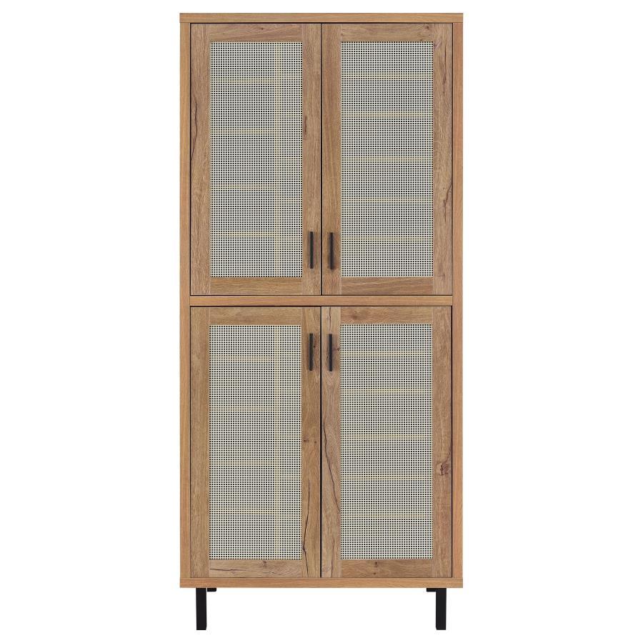 Teller - 4-Door Tall Shoe Storage Cabinet - Natural Oak Finish with Metal Mesh Doors, Adjustable Shelves & Sturdy Black Metal Legs