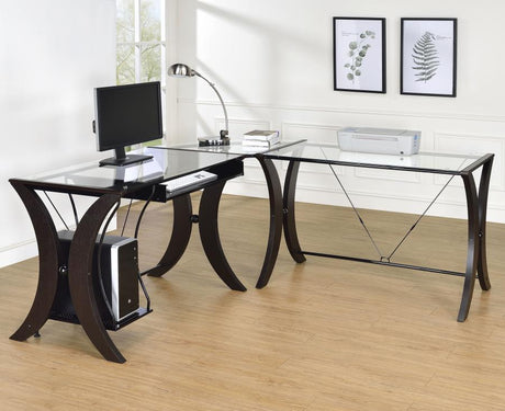 Monterey L-Shape Computer Desk with Glass Top – Cappuccino Finish, Modern Home Office Desk, Spacious Workstation, Durable Design