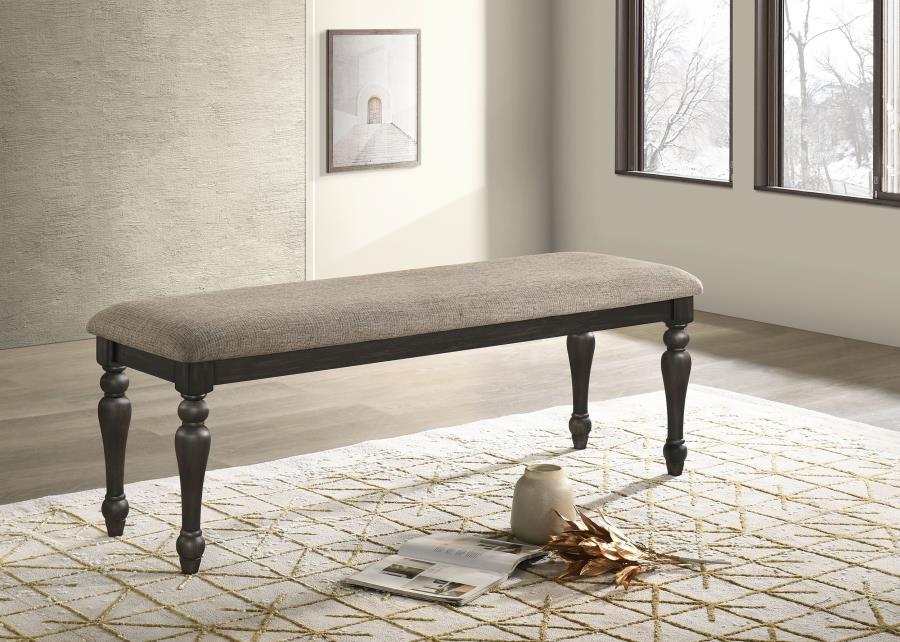 Bridget Fabric Upholstered Dining Bench – Stone and Charcoal Finish, Backless Seating, Turned Legs, Comfortable Foam Cushion, Traditional Elegance
