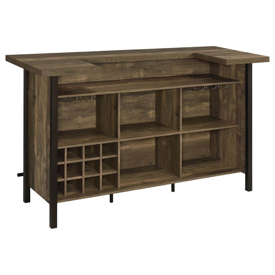 Bellemore Freestanding Home Bar Wine Cabinet in Rustic Oak – Farmhouse Style with 6 Stemware Racks, 12-Bottle Storage & Steel Footrest for Entertaining