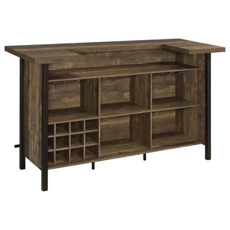 Bellemore Freestanding Home Bar Wine Cabinet in Rustic Oak – Farmhouse Style with 6 Stemware Racks, 12-Bottle Storage & Steel Footrest for Entertaining