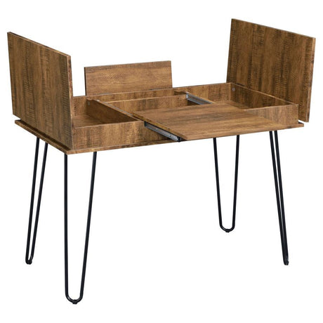 Sheeran Writing Desk With Storage – Rustic Amber Wooden Desk with Sliding Tray, Built-In Power Outlet, Spacious Compartments, Home Office Workstation