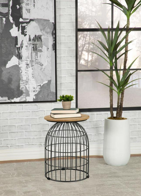 Bernardo Round Wire Frame Side Table – Natural Beige Marble Top, Gunmetal Birdcage-Inspired Base, Industrial Modern Accent Table for Living Room